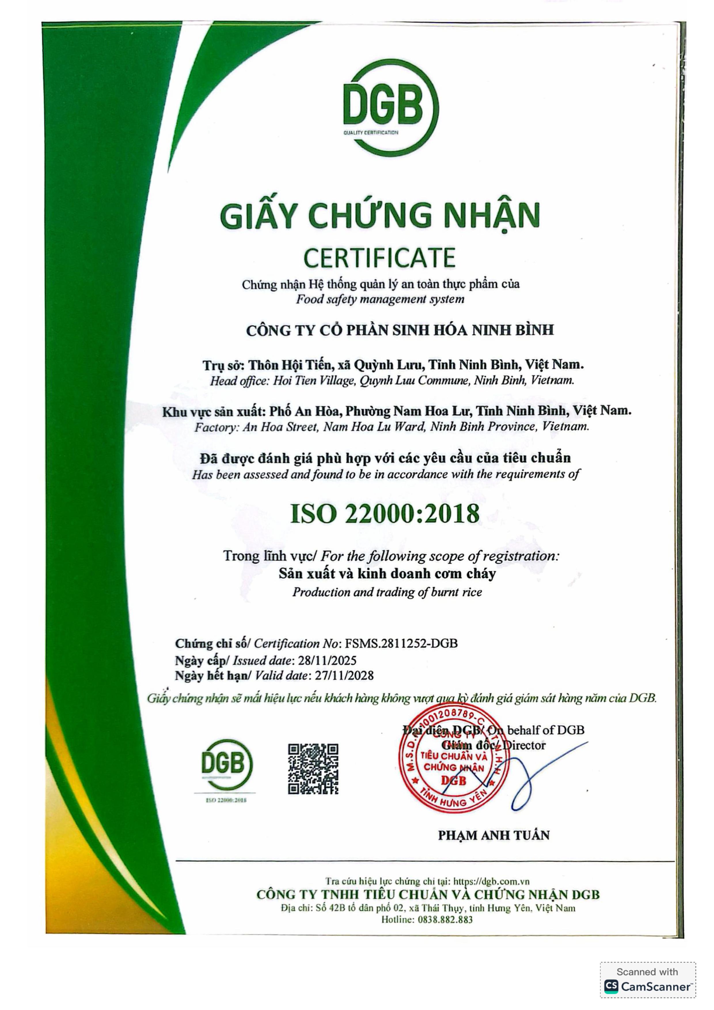 Chứng chỉ ISO 22000:2018